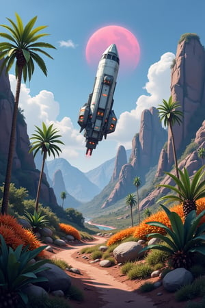 synth-wave and cyberpunk-themed, 2.5D a masterpiece, stunning detail - spaceship landed on an alien planet with exotic vegetation. Landing site - godes