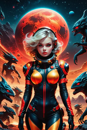 sexy astronaut girl on a planet surrounded by monstrous scared aliens. and the planet dresses skies and landscapes in neon red , black and Gold colors, helm under arm