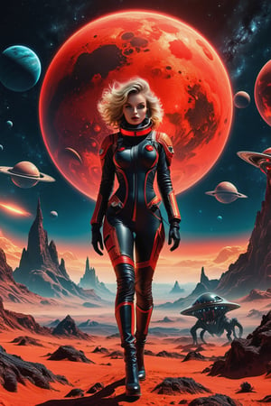 sexy astronaut girl on a planet surrounded by monstrous scared aliens. and the planet dresses skies and landscapes in neon red , black and Gold colors,