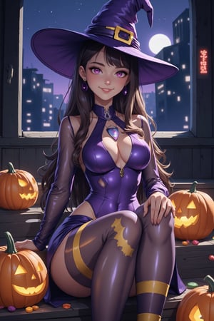 source_anime, closeup on a smiling woman in a tight purple Halloween dress and a witch hat sitting on the wooden stairs with jack-o-lanterns around it, cute tight dress, transparent long sleeves, shiny yellow and purple striped tights, jack-o'-lantern, Halloween theme, candy, sitting, pumpkin, moon, pantyhose, outdoors, night, synthbabe