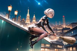 safe_pos, rating_questionable, score_9, score_8_up, score_7_up, score_6_up, score_4_up, score_5_up, source_anime, source masterpiece, very detailed facial features, incredibly detailed, extremely detailed, concept art, BREAK 1girl, solo, yorha2b, bright blue eyes, deep blue eyes, lips, purple Halloween, short purple mini dress and (transparent purple pantyhose), high-heels, cozy ambiance, (masterpiece), (best quality), (anime, masterpiece), (best quality, hires textures, high detail), UHD, 8K, ((sitting on a broom, holding tight while flying over a city at night)), late night colors, late night vibes, timid smile, slight blush, perfect smile, warm colors, shy smile detailed face, high detail in the face, high definition, detailed city in the background, full body view, (full body), bright colors, cinematic light, calmstyle