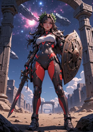 "Space Romans Warrior Woman in Battle" A space Roman wearing a futuristic (laurel wreath), standing on a desolate alien planet with greek style ruins, holding a short sword and a cyber Roman shield with the letters "SPQR" written on it, the background of stars and an Imperial Roman spaceship hovering above, a vibrant nebula in the sky, (transparent shiny red pantyhose) detailed armor with cosmic engravings, dramatic lighting, dynamic action pose, (ultra-detailed), best quality, high resolution, realistic textures, ((masterpiece)). Anime Niji Cyberpunk illustration." synthbabe, rating_questionable