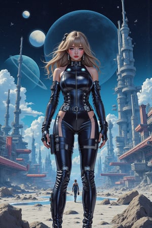  A highly detailed digital painting of a powerful space heroine, standing confidently at a sprawling futuristic spaceport, massive starships docked in the background, a majestic Saturn-like planet with rings visible in the sky, glowing city lights in the distance, high-tech metallic suits, sharp reflections, glowing accents, dramatic lighting from twin suns, vibrant colors, intricate details on ships and structures, a sense of vastness and adventure.moebius art, noriyoshi ohrai masterpiece, moebius illustration art, moebius artwork, by Noriyoshi Ohrai, art of moebius, ralph mcquarie, ralph mcquarrie concept art, ralph mcquarrie. centered image, by Moebius, , artist katsuhiro otomo, by Philippe Druillet, geof darrow art, 8 0 s sci - fi comic art, katsuhiro otomo, geoff darrow, inspired by Philippe Druillet, kastuhiro otomo, moebius artwork.,ct-pop2