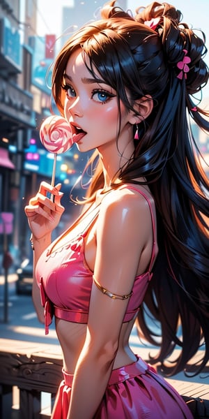 ((anime art illustration))

1girl,  looking at the viewer,  pink dress,  mini skirt,  crop top,  translucent,  lots of hidden details,  perfect body,  beautiful face,  long hair,  holding lolly Popp, ((licking a Chupa Chups Lollipop))

UHD image, vibrant artwork, vibrant manga, a mix of fantasy and realistic elements, dynamic artwork, 

Background,  vibrant cyberpunk city, perfect eyes, SAM YANG, Anime:2 wallpaper:1.5, masterpiece:1.3, enthusiastically detailed photo:1.2), (hyper-realistic lifelike texture:1.4), highly detailed, ((masterpiece, best quality)), ,1 girl