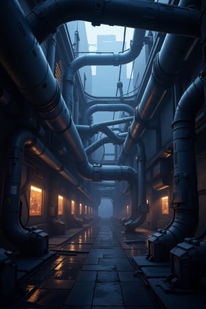 synth-wave and cyberpunk-themed, 2.5D a masterpiece, stunning detail - futuristic industrial complex, huge tubes and converyers, tech facility rough and used - godes