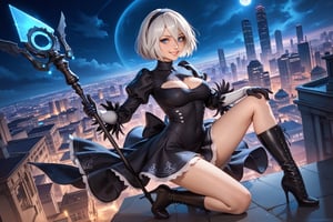  safe_pos, rating_questionable, score_9, score_8_up, score_7_up, score_6_up, score_4_up, score_5_up, source_anime, extremely detailed, calmstyle, 1girl, solo, yorha2b, 2b (nier:automata), bright blue eyes, deep blue eyes, lips, purple halloween custome, short purple witch dress, purple and white details on the skirt, high heels, overknee boots, magic staff in the hand, clothing cutout, detailed black patern on the dress, black witch outfit, cozy ambiance, (masterpiece), (best quality), (anime, masterpiece), (best quality, hires textures, high detail:1.8), (4k), UHD, 8K, the character is ((sitted on a broom while fky over a city at night)), late night colors, late night vibes, timid smile, slight blush, perfect smile, warm colors, shy smile detailed face, high detail in the face, high definition, perfect face, perfect-face, ((flying over a city on a broom)), detailed city in the background, full body view, (full body), bright colors, cinematic light, 