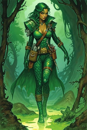 masterpiece ((color-pencil illustration)), painterly wathercolor, best quality, sharp focus,
(Full body Pose) of solo_female, beautiful face, braided green hair, Druid wearing shiny green organic scale_suit, soaked wet. ( green slime-covered ), Scene inside a dark underground dungeon swamp. Detailed hand, penacryl