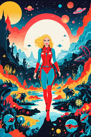 sexy astronaut girl on a planet surrounded by monstrous scared aliens. and the planet dresses skies and landscapes in neon red , black and Gold colors,