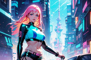 (4k), (masterpiece), (best quality), (extremely intricate), (realistic manga art anime), (sharp focus), (cinematic lighting), (extremely detailed), sci-fi theme, synth-wave, cyberpunk

1girl, waifu, looking at the viewer, pink latex dress, mini skirt, crop top, translucent, large breasts, lots of hidden details,  perfect body, beautiful face, long pink hair

Backgound, vibrant cyberpunk city