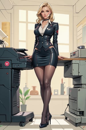 2.5D stylized painterly, illustration. Comic Outlines. Soft gradients sharp edges, bold outlines. Of a beautiful woman secretary in a classic outfit with a sci-fi twist. Standing at a printer. Wearing stockings and heels. body with normal proportions, normal sized head, Realistic, highly-detailed, high-quality, In the style of Overwatch, Blizzard, LOL, Transistor, and Bastion concept game art.