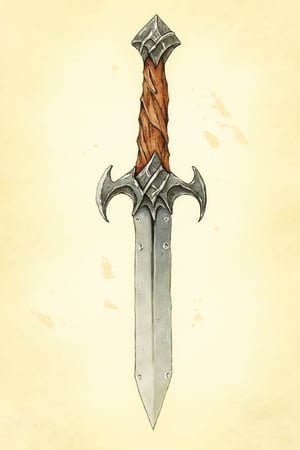 D&D-themed picture - closeup of one dagger with an iron blade and wooden handle. plain cream parchment background. In the style of fantasy illustrations inspired by roleplaying art - A masterpiece combining stunning detail, watercolor, color-pencil, realistic, highly-detailed and high-quality. penacryl