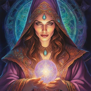 portrait of a beautiful spell caster woman - in the style of 2.5D game Cover, (oil-based color pencil drawing with detailed Hatching and white highlights, rim light) detailed hands, 