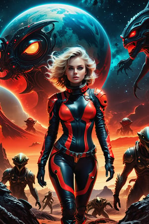 sexy astronaut girl on a planet surrounded by monstrous scared aliens. and the planet dresses skies and landscapes in neon red , black and Gold colors, helm under arm