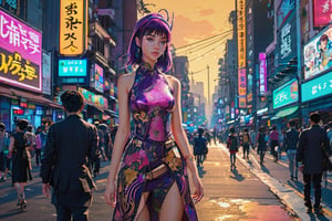 1girl, full body, ((masterpiece)), beautiful eyes,  waifu,  sci-fi theme,  tight evening dress, intricate details,  lots of detail,  looking at the viewer, slender body, manga art style, by Studio Ghibli, vibrant cyberpunk city in the background,  advertising signs,  synth-wave style, high-quality anime art, 