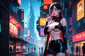 (4k),  (masterpiece),  (best quality),  (extremely intricate),  (realistic manga art anime),  (sharp focus),  (cinematic lighting),  (extremely detailed),  sci-fi theme,  synth-wave,  cyberpunk, ((upper body shot))

1girl, waifu,  looking at the viewer,  pink dress,  mini skirt,  crop top,  translucent,  large breasts,  lots of hidden details,  perfect body,  beautiful face, long hair, holding lolly pop in hand, hand

Backgound,  vibrant cyberpunk city, 

(sideboobs, breasts overflow:1.3), ultra resolution, high resolution, HDR, volumetric light, better_hands, art by SAM YANG, DonMChr0m4t3rr4 