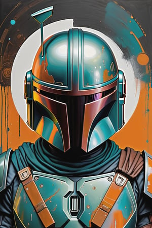 ((Masterpiece), (best quality), (highly detailed)), In the style of dark cyan and orange, create an abstract artwork titled 'Mada' inspired by Neal Edward Scott's work. 

The focus of the piece should be ((a full body shot of Mandalorian) with a helmet standing on the surface of planet Mandalor) visualized through paintings and drawings outlines. Use various artistic mediums such as oil, pencils, acrylic, and mixed media to achieve a hyper-realistic effect. The artwork should showcase a solid color background with texture, layers, and lines, emphasizing the precisionist lines and brushwork exploration. Be sure to incorporate whiplash lines to add dynamic elements to the composition. 