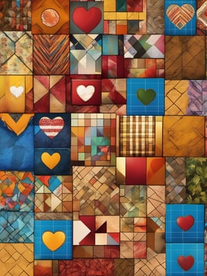 Wallpaper for mobile phone, A patchwork quilt laid out flat, each square representing different people from a community. The squares have unique patterns or symbols illustrating shared values (like hearts), experiences (like footprints), and goals (like arrows). , photorealistic 4k