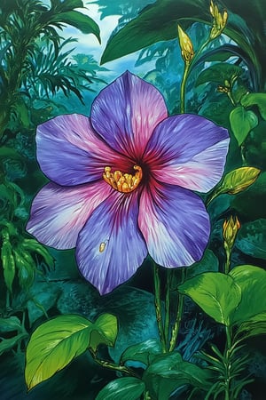  a masterpiece, stunning detail, an exotic flower in the jungle bright purple and pink flower. Background filled with dense green leaves - closeup, penacryl