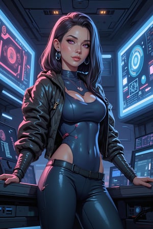 2.5D stylized painterly, illustration. Comic Outlines. Soft gradients sharp edges, bold outlines. Of a beautiful hacker woman operating a terminal with holographic diaplays. Netrunner. Realistic, highly-detailed, high-quality, In the style of Overwatch, Blizzard, LOL, Transistor, and Bastion concept game art.