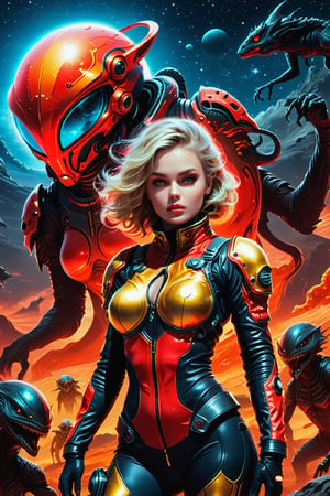 sexy astronaut girl on a planet surrounded by monstrous scared aliens. and the planet dresses skies and landscapes in neon red , black and Gold colors, helm under arm