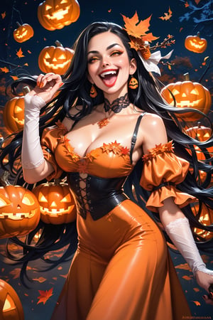 score_9, score_8_up, score_7_up, source masterpiece, very detailed facial features, incredibly detailed, An evil pumpkinman chasing beautiful Laughing women (woman with black hair and orange dress), halloween atmosphere, autumn background. extremely detailed, more detail XL, calmstyle