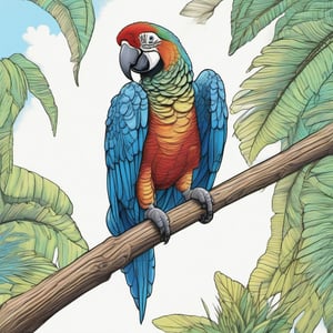 A parrot on a branch in the jungle. Blue sky background - In the style of oil-based color pencil drawing using shape-hatching, cross-hatching, and parallel-hatching, create different tonal values through the spacing of the lines, the thickness of the overlaps as well as the thickness and width of the line.