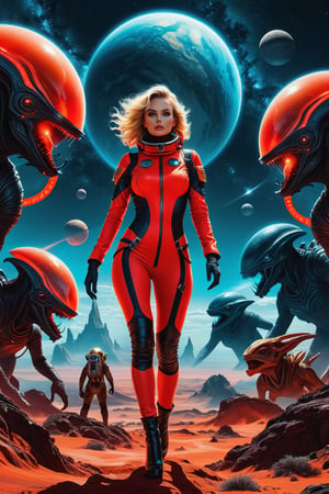 sexy astronaut girl on a planet surrounded by monstrous scared aliens. and the planet dresses skies and landscapes in neon red , black and Gold colors,