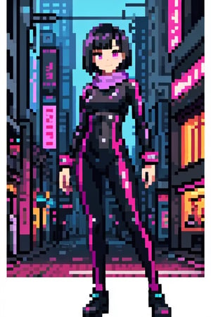 masterpiece, RAW,, ultra realistic, outdoors, ((full body pose, catsuit)), ((black hair), black bobcut hair, looking at viewer, perfect face, latex top, facing viewer, photorealistic, pink glow, tight spandex suit, pink led lights, Science Fiction, 4K, 8k HD, high quality, Goddess, purple scarf, realistic, gentle smile, happy, 1 girl, Pixel art - cyberpunk city in backround