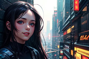 (4k), (masterpiece), (best quality), (extremely intricate), (realistic manga art anime), (sharp focus), (cinematic lighting), (extremely detailed), sci-fi theme, synth-wave, cyberpunk

1girl, smile

Backgound, vibrant cyberpunk city