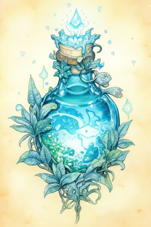 D&D-themed picture - closeup of one magic potion with intricate decore and a refreshing cyan glow. plain cream parchment background. In the style of fantasy illustrations inspired by roleplaying art - A masterpiece combining stunning detail, watercolor, color-pencil, realistic, highly-detailed and high-quality. penacryl