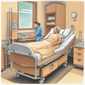 (((Illustration made with oil-based color pencils, linart, hatching)))
shape-hatching, cross-hatching, and parallel-hatching create different tonal values through the spacing of the lines, the thickness of the overlaps as well as the thickness and width of the line.

a nurse taking care of a patient in a sunny and friendly hospital room.