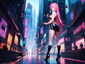 (4k),  (masterpiece),  (best quality),  (extremely intricate),  (realistic manga art anime),  (sharp focus),  (cinematic lighting),  (extremely detailed),  sci-fi theme,  synth-wave,  cyberpunk, ((full body shot))

1girl, waifu,  looking at the viewer,  pink latex dress,  mini skirt,  crop top,  translucent,  large breasts,  lots of hidden details,  perfect body,  beautiful face,  long pink hair, holding a lolly pop in hand, stick out tongue, hand

Backgound,  vibrant cyberpunk city, 

(sideboobs, breasts overflow:1.3), ultra resolution, high resolution, HDR, volumetric light, better_hands, SAM YANG,DonMChr0m4t3rr4 