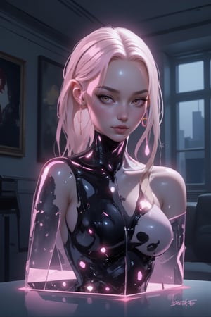 (masterpiece, high quality, 8K resolution). An abstract painting called "Poison of Love". In the center of the composition is a crystal sculpture of a stunningly beautiful girl. The crystal shimmers with a soft pink color, symbolizing love. From the inside, the sculpture is filled with a poisonous black liquid, symbolizing poison. The minimalist background refers to the art exhibition. The lighting is accentuated on the sculpture, helping to highlight the contrast between the color of the crystal and the color of the liquid. Romanticism in the format of dark fantasy, melancholic renaissance, the tragedy of love of the lyrical hero, Surreal art,ek_art_b00ster, remove object