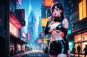 (4k),  (masterpiece),  (best quality),  (extremely intricate),  (realistic manga art anime),  (sharp focus),  (cinematic lighting),  (extremely detailed),  sci-fi theme,  synth-wave,  cyberpunk, ((upper body shot))

1girl, waifu,  looking at the viewer,  pink dress,  mini skirt,  crop top,  translucent,  large breasts,  lots of hidden details,  perfect body,  beautiful face, long hair, ((lick on lolly pop in hand))

Backgound,  vibrant cyberpunk city, 

(sideboobs, breasts overflow:1.3), ultra resolution, high resolution, HDR, volumetric light, better_hands, art by SAM YANG, DonMChr0m4t3rr4 