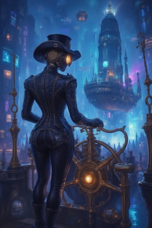 A cyberpunk-inspired character dressed in a sleek, futuristic leather outfit stands at the helm of a large steampunk airship. The airship, with brass pipes, steam vents, and glowing gears, sails through a neon-lit night sky filled with towering digital skyscrapers. The city below is a blend of Victorian and futuristic architecture, with holographic signs and flying drones. The explorer's cybernetic arm and augmented reality visor reflect the neon lights as they steer the ship. The lighting is a mix of cool blues and purples, creating a moody and atmospheric scene.