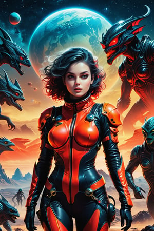 sexy astronaut girl, on a planet surrounded by monstrous scared aliens. and the planet dresses skies and landscapes in neon red , black and Gold colors, helm under arm