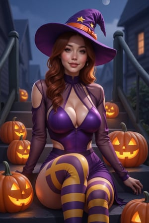 source_anime, closeup on a smiling woman in a tight purple Halloween dress and a witch hat sitting on the wooden stairs with jack-o-lanterns around it, cute tight dress, transparent long sleeves, shiny yellow and purple striped tights, jack-o'-lantern, Halloween theme, candy, sitting, pumpkin, moon, pantyhose, outdoors, night, godes