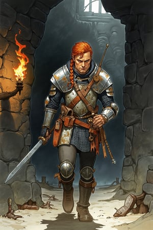 masterpiece ((color-pencil illustration)), painterly watercolor, best quality, sharp focus,
((Full body Pose of solo_male walking curious)), serious face, braided ginger hair, Nothman wearing worn rusty iron armor. ( holding a torch in the left hand and a sword in the right hand ), Scene inside a dark underground dungeon prison cell, black stone walls. Detailed hand, penacryl