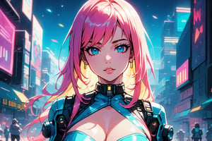 (4k), (masterpiece), (best quality), (extremely intricate), (realistic manga art anime), (sharp focus), (cinematic lighting), (extremely detailed), sci-fi theme, synth-wave, cyberpunk

1girl, waifu, looking at the viewer, pink latex dress, mini skirt, crop top, translucent, large breasts, lots of hidden details,  perfect body, beautiful face, long pink hair

Backgound, vibrant cyberpunk city