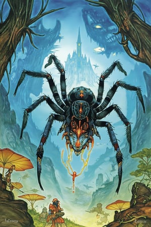 D&D-themed picture - closeup at a black spider sitting in an immense web luring for prey. In the style of fantasy illustrations inspired by roleplaying art - A masterpiece combining stunning detail, watercolor, color-pencil, realistic, highly-detailed and high-quality. penacryl