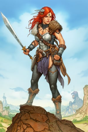 Masterpiece, Best Quality, bright, realistic concept art, fantasy character design, soft gradients and sharp edges, natural colors, dramatic lighting. A red-haired barbarian warrior woman, wielding a two-handed sword. Armore with parts of metal plating and fur. Beautiful face with tribal tattoo. Full body pose standing on a rock. Muscular statue, fit and beautiful body. Fantasy landscape in the background, highly detailed penacryl