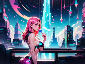 (4k),  (masterpiece),  (best quality),  (extremely intricate),  (realistic manga art anime),  (sharp focus),  (cinematic lighting),  (extremely detailed),  sci-fi theme,  synth-wave,  cyberpunk

1girl, waifu,  looking at the viewer,  pink latex dress,  mini skirt,  crop top,  translucent,  large breasts,  lots of hidden details,  perfect body,  beautiful face,  long pink hair, holding a lolly pop, Licking on loly pop

Backgound,  vibrant cyberpunk city, 

(sideboobs, breasts overflow:1.3), ultra resolution, high resolution, HDR, volumetric light, better_hands, SAM YANG,DonMChr0m4t3rr4 