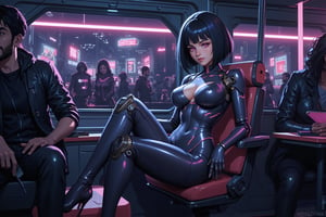 synth-wave and cyberpunk-themed, 2.5D stylized painterly, illustration. Soft gradients sharp edges, bold outlines. Of a beautiful woman in a tight mech pilot suit, a beautiful cyborg, sitting in a crowded, sci-fi train. bob-haircut, black hair, pink eyes, body with perfect proportions, sitting nicely with legs crossed reading in a pad, normal-sized head, Realistic, highly-detailed, high-quality, concept game art. snythbabe