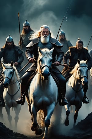 a group of men riding horses, frame from a fantasy film, the god Odin and a group of furious warriors, by Zhu Derun, Surreal scene, psychedelic scene, character poster, dark, harsh and atmospheric, creative work: evoking the visual horror, dim, moody lighting with shadows and lights, peter jackson, website banner, fear and anger in his eyes, fishing people, bbc promotional artwork