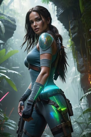 An ultra-realistic full-body depiction of Lara Croft ((Tomb Raider)), long black hair ((Black Eyes)), Latin style, posing next to ruins in the jungle, muscular build, all depicted in extreme detail, Futuristic, is illuminated by a beautiful prism and flash of neon lights, with a medium shot emphasizing his transparent cybernetic armor made of glass, luxurious in red, blue and gold, high-level body suit iridescent details and neon edges, clean colors, avoid duplicate images, her eyes glow and she is equipped with weapons. The backdrop is an ultra-detailed jungle landscape with lots of nature. Artstation HQ, 8K Ultra HD, cinematic quality and 16K resolution
