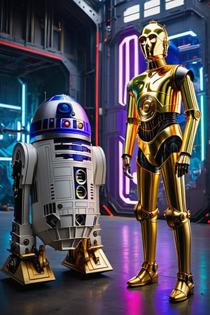 creates a robot similar to R2 from Star Wars, next to it is C-3PO, inside a space hangar, neon edges, colorful, well built