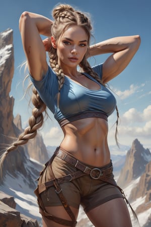 A large woman, with long, intricately braided hair and Scandinavian features, stands on a mountain. She is dressed in sportswear and displays a realistic face with perfectly symmetrical eyes against a blue sky. The portrait is hyper-detailed, with 16k resolution and HDR, resembling a digital painting or concept art in the style of League of Legends. The sharp, soft-focus illustration, similar to Artstation HQ and 8K Ultra HD, This ultra-violent, muscular but attractive woman is safe for work and the quality is suitable for a high-quality print, reminiscent of the styles of Jean Baptiste Monge , Carne Griffiths and Michael Garmash.