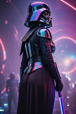 A woman clad in Darth Vader armor, depicted with a 4K Blu-ray cinematic quality, exhibits glowing neon skin. She stands poised with a red neon sword, set against a backdrop of planets. The scene is bathed in strong iridescent light, with neon colors and violet highlights accentuating the dark blue suit, which is adorned with sparkles. This image contains no text and is attributed to Kaja Foglio.