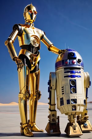 creates a robot similar to R2 from Star Wars, next to it is C-3PO, inside a space hangar, neon edges, colorful, well built