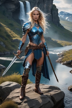 A Nordic woman poses heroically atop a rocky ridge, clad in leather armor replete with belts and buckles, brandishing weapons with leather-wrapped handles. Her flowing, wavy hair cascades as she gazes across a lake with distant waterfalls. The moisture of the environment is mirrored in the sheen of her skin. With a sword in hand, she conjures visions of Dungeons and Dragons, her athletic build akin to a blonde warrior, complete with striking crystal blue eyes, evoking a sorceress queen or a bodybuilder akin to Megan Fox.